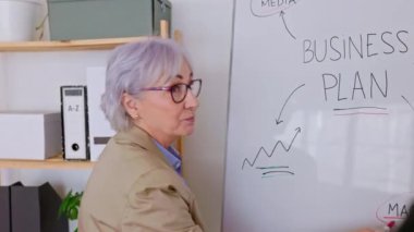 Orta yaşlı iş kadını, iş arkadaşında iş stratejisi planını ofisteki sunumda açıklıyor. Takım çalışması ve şirket iş stratejisi kavramı.