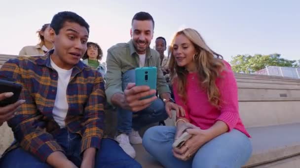 Happy Group Young People Having Fun Sharing Video Content Social — Stock Video