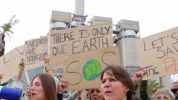 Group Different People Holding Posters Protesting Climate Change Global Warming — Stock Video