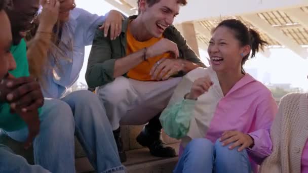Multiracial Group Friends Having Fun Laughing Outdoors Relaxed Millennial Student — Stock Video