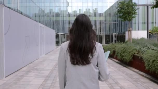 Vista Trasera Una Joven Mujer Negocios Adulta Caminando Área Oficina — Vídeos de Stock