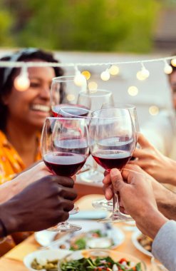 Bir grup genç yazın çatı katındaki partide kırmızı şarap içiyor. Ev terasında kutlama yapan çok ırklı arkadaşlar. Dikey fotoğraf.