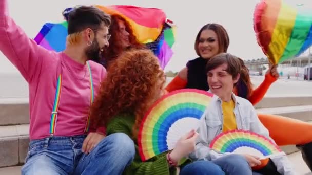 Lgbt Community Young People Celebrating Gay Pride Month Together Outdoors — Stock Video
