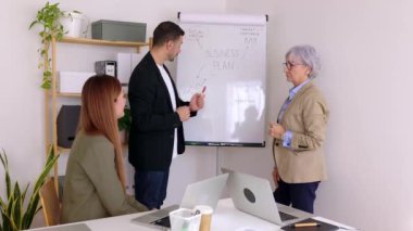 Bir grup iş adamı, toplantı odasındaki bir iş yaratma sürecinde beyin fırtınası sırasında beyaz tahtayı kullanıyor. Takım çalışması ve iş konsepti.