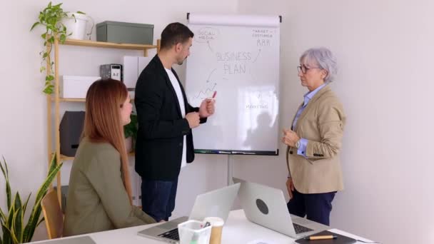 Různorodá Skupina Podnikatelů Kteří Používají Bílou Tabuli Během Brainstormu Obchodním — Stock video
