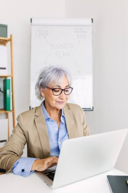 Ofiste dizüstü bilgisayarla çalışan üst düzey bir iş kadını. Dikey fotoğraf.