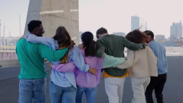 Achteraanzicht Van Jonge Verenigde Groep Multiraciale Vrienden Die Samen Wandelen — Stockvideo