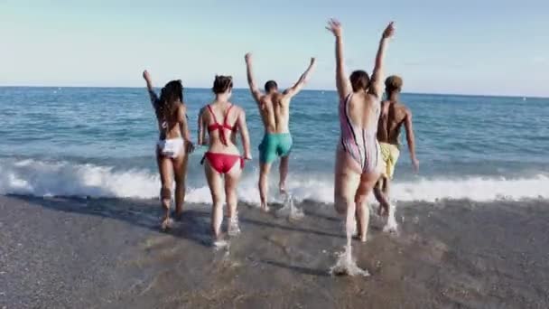 Diverso Grupo Jóvenes Amigos Disfrutando Vacaciones Verano Corriendo Mar Agua — Vídeos de Stock