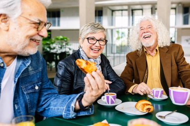 Mutlu yaşlı insanlar brunch 'ın tadını çıkarıyor. Bir grup emekli arkadaş bar masasında otururken sıcak kahve içerek eğleniyorlar. Emeklilik yaşam tarzı kavramı.