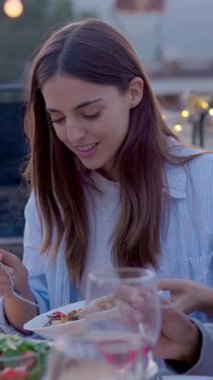 Genç bir grup arkadaş yaz akşamları çatıda barbekü partisinde eğleniyor. Çok ırklı insanlar birlikte kutlama yaparken gülerek evlerinin terasında bir araya geldiler. Dikey HD video.