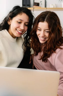 Evdeki kanepede oturan dizüstü bilgisayar kullanan iki genç kadının dikey görüntüsü. Teknoloji ve eğitim kavramı.