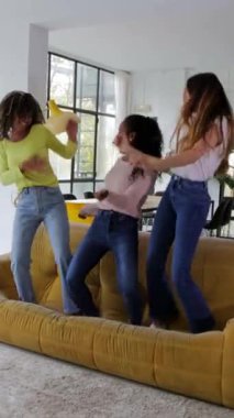 Üç genç kız arkadaşın evdeki kanepede dans ederken çekilmiş dikey videosu. Birleşik çok ırklı kadınlar kanepeye atlıyor. Arkadaşlık ve mutluluk kavramı. Kadın arkadaşlığı kavramı