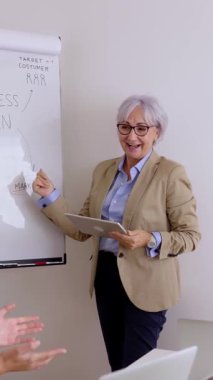 Profesyonel iş adamları, toplantı odasında sunumdan sonra şirketin başarısını veya iyi sonuçlarını kutlayan olgun meslektaşlarını alkışlıyorlar..