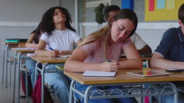 Üniversite sınıfındaki öğretmeni dinlerken not alan bir grup farklı genç öğrenci. Gençler lisede okuyor. Eğitim yaşam tarzı kavramı.