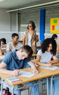 Olgun bayan öğretmen, genç siyah lise öğrencisine sınıfta yardım ediyor. Akademik muayene yapan bir grup genç kız ve oğlan çocuğu. Eğitim ve okul konseptine dönüş.