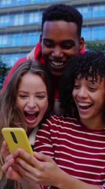Genç ve çok ırklı öğrenci arkadaşlarının cep telefonu uygulamasından sosyal medya içeriğini izlerken çekilmiş dikey HD videosu. Gençlik ve teknoloji yaşam tarzı konsepti