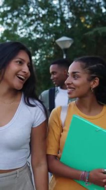 Üniversite kampüsünde kolej derslerine giden genç Amerikalı kız öğrenci grubunun dikey HD videosu. Eğitim ve okul konseptine dönüş.