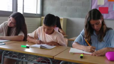 Genç bir grup ilkokul öğrencisi okulda birlikte ders çalışırken notlar alıyorlar. Eğitim yaşam tarzı kavramı