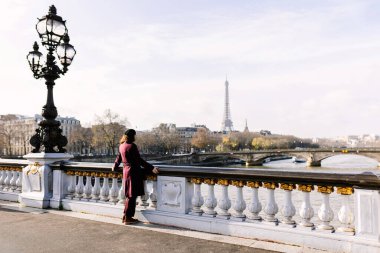 Sena Nehri ve Eyfel Kulesi 'nin yanındaki Paris' in panoramik manzarasının tadını çıkarıyorum. Uzayı metin için kopyala. Seyahat güzergahı. Tatil kavramı.