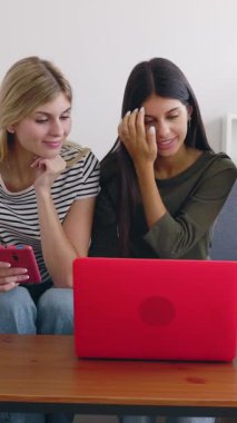 Cep telefonu web sitesinde bilgi arayan ve birlikte yaz tatillerini hazırlarken seyahat rehberi okuyan genç kız arkadaşlarının dikey HD videosu. Tatil yaşam tarzı kavramı.