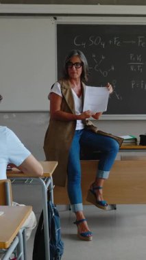 Yetişkin bir bayan öğretmenin lise öğrencilerine sınav ya da eğitim egzersizlerini açıklarken çekilmiş dikey HD videosu. Okula ve eğitim yaşam tarzına dönüş konsepti.