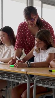 İlkokuldaki ders sırasında ilkokul öğrencisine asistanlık eden genç bayan öğretmenin dikey HD videosu. Eğitim kavramı.