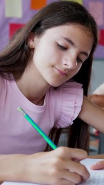 İlkokulda okurken kameraya gülümseyen beyaz bir ilkokul öğrencisinin dikey HD videosu. Çocuk eğitimi konsepti.