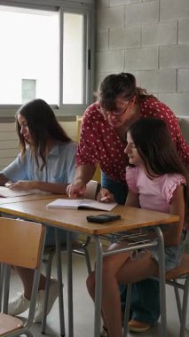 İlkokuldaki ders sırasında ilkokul öğrencisine asistanlık eden genç bayan öğretmenin dikey HD videosu. Eğitim kavramı.