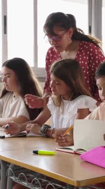 İlkokuldaki ders sırasında ilkokul öğrencisine asistanlık eden genç bayan öğretmenin dikey HD videosu. Eğitim kavramı.