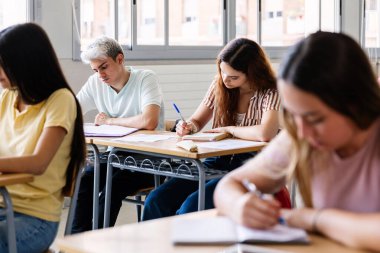 Bir grup lise öğrencisi sınıfta sınav testi yapıyor. Eğitim yaşam tarzı kavramı