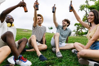 Çok ırklı genç yetişkinlerden oluşan bir grup dışarıda toplanma sırasında çimlerin üzerinde dinleniyorlar. Arkadaşlar içkiyle kutlama yapar, gerçek eğlence ve kahkaha anlarını paylaşır.