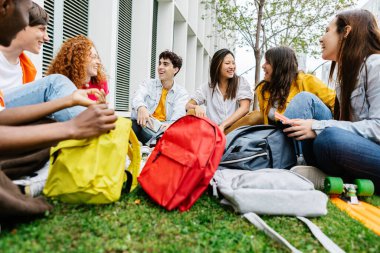 Lisede çimlerin üzerinde oturan bir grup çok ırklı genç öğrenci. Milenyum kuşağından çeşitli arkadaşlar kampüsteki derslerden sonra çimlerin üzerinde oturuyorlar. Eğitim yaşam tarzı kavramı