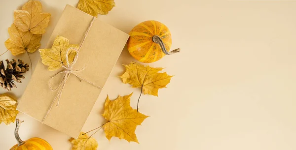 Осенняя Композиция Подарочная Коробка Осенними Листьями Светлом Фоне Осень Хэллоуин — стоковое фото