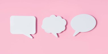 Clouds of dialogue. Form for letter or text. Thought concept. Chat icons on a pink background. 3D visualization. 3D image. Copy space.