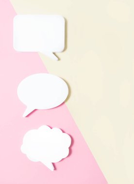 Clouds of dialogue. Form for letter or text. Thought concept. Chat icons on a light background. 3D visualization. 3D image. Copy space.