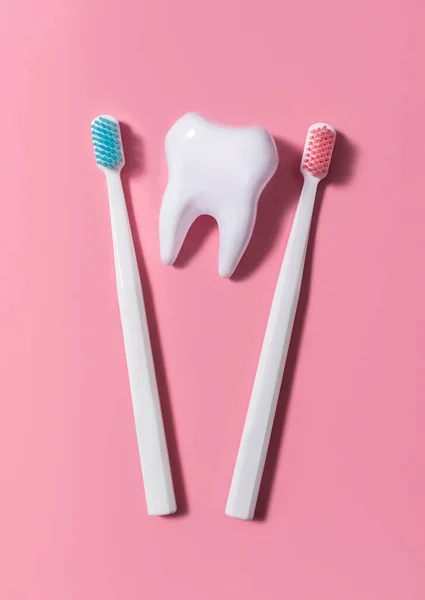Two plastic toothbrushes next to a big tooth on a pink background. Oral hygiene. Flat lay, top view.