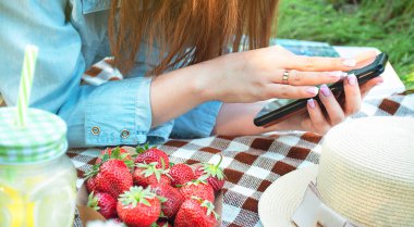 Kız piknikte dinlenirken bir akıllı telefon tutuyor. Uzaktan çalışma, doğada çalışma. Modern yaşam tarzı. Yaz kavramı. Yan görüş. Boşluğu kopyala.