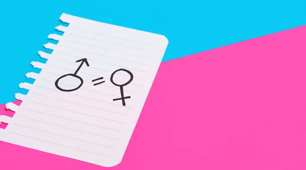 男女共同参画の概念 青いピンクの背景に女性と男性のシンボルが描かれた紙の破れたシート 男女間の権利の平等 — ストック写真