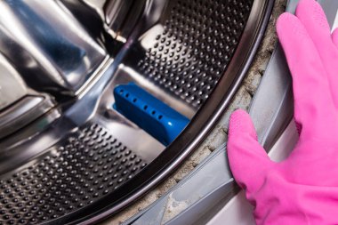 Küflü, kirli lastik conta ve çamaşır makinesi kiri. Çamaşır makinesi servisi. Kapatın. Boşluğu kopyala.