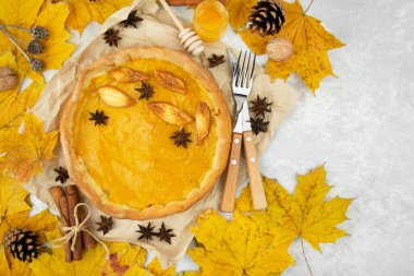 Işık masasında balkabağı turtası. Şükran Günü pastası. Ev yapımı pişirme. Boşluğu kopyala.