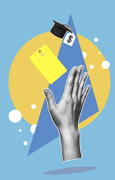 Concept of financial literacy and education. Human hand reaching for graduation cap and bank card. Modern collage.