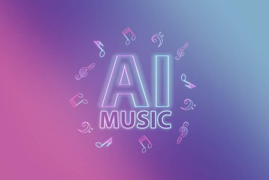 Yapay zekanın yarattığı müzik. Soyut bir arkaplanda neon harfler ve notalar. AI müzik konsepti.