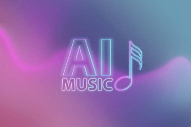 Yapay zekanın yarattığı müzik. Neon harfler ve soyut bir arkaplan üzerine notlar. AI müzik konsepti.