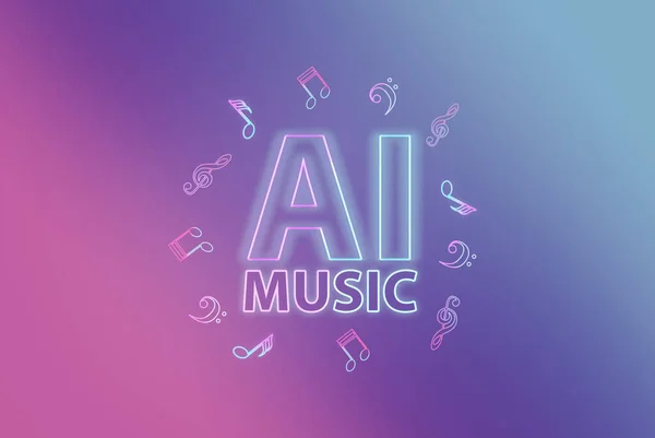 Music created by artificial intelligence. Neon letters and musical notes on an abstract background. AI music concept.