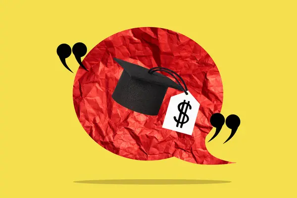 Concept of financial literacy and education. Human hand and graduation cap with dollar sign. Art collage. Career development. Online training.