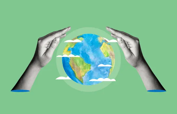 The concept of environmental protection. Hands surround the earth on a green background. Earth Day. Collage
