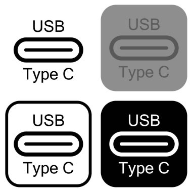 C tipi dört farklı USB simgesi siyah, gri ve beyaz arkaplanlarda gösterilir ve konnektörlerin tasarımı ve şekli vurgulanır. Bu seçim aygıtlar arasında tanınmaya ve kullanılabilirliğe yardımcı olur.