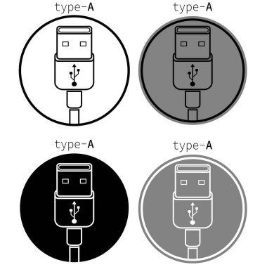USB Tip A bağlantı simgelerinin dört farklı varyasyonu farklı renk şemaları ve biçimleri gösterir.