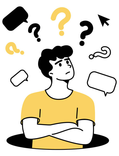 A man stands with crossed arms, deep in thought while question marks hover above his head, symbolizing the quest for understanding and problem-solving in a creative process.