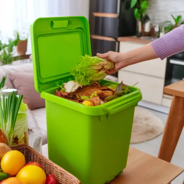 Bir el, dairedeki parlak yeşil gübre konteynırına mutfak artıkları ekliyor. Taze sebzeler ve organik atıklar, dağınık mutfak alanının ortasındaki çöpü dolduruyor..